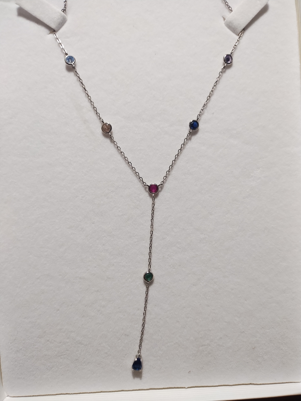 Multi-Stone Silver Lariat Necklace - Pink, Blue, Green